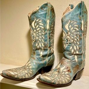 Turquoise & cream leather boots by Bodacious Boot Co.